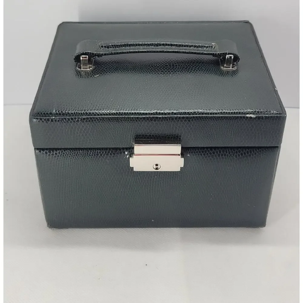 Dark Green Jewelry Box Mirror 2 Drawers Lock Key Carrying Case Organizer